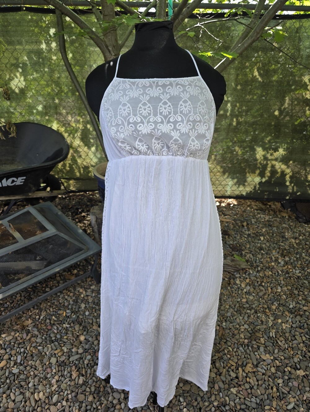 Hazel White Embroidered Racerback Maxi Dress Bohemian Romantic Prairie Ethereal